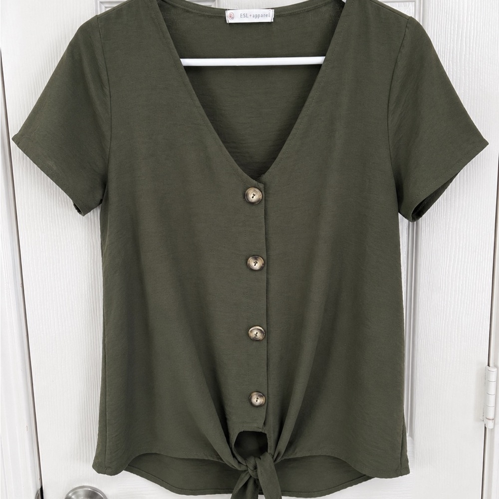 Tie-Front V-Neck Button Blouse - Olive